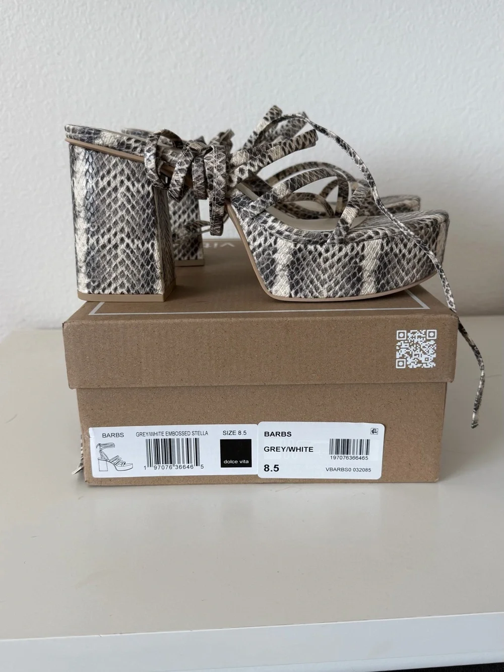 Dolce Vita Grey and White Snakeskin Lace-Up Platform Sandals
